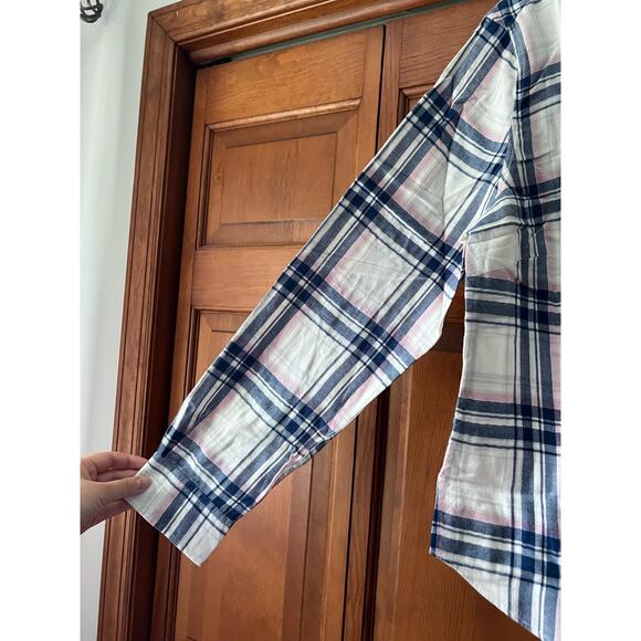 NWT Untuckit Womens De Toren Flannel Plaid Button Up Shirt White Pink Blue SZ 18 - Picture 5 of 13